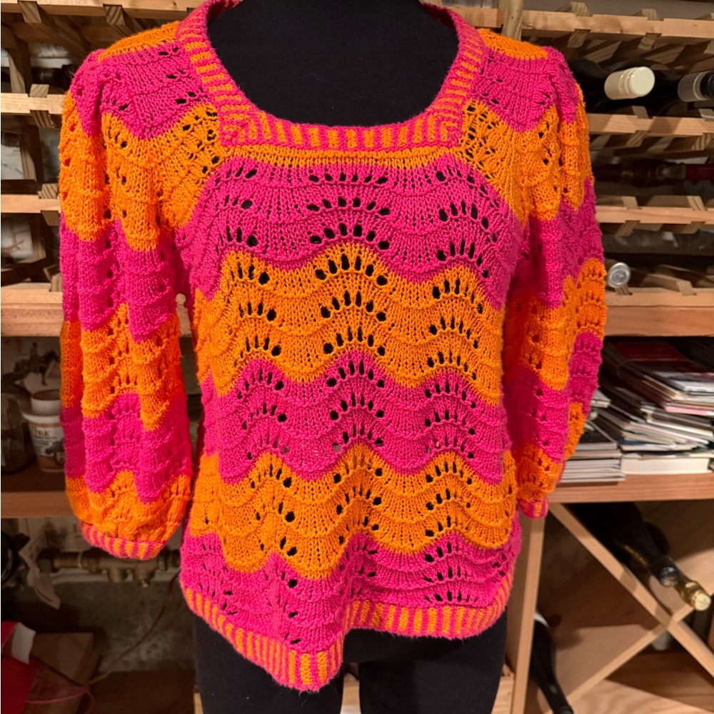 NWT 525 America Hot Pink and Bright Orange Crochet Knit Top